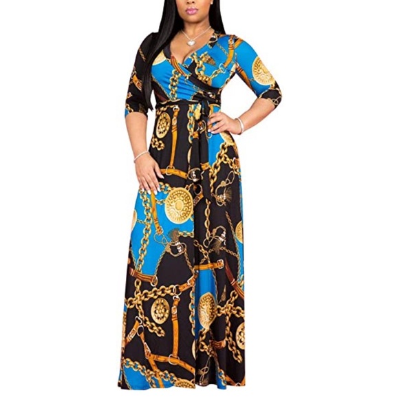 V Neck 3/4 Sleeves Faux Wrap Maxi Dress with Belt - Picture 2 of 7